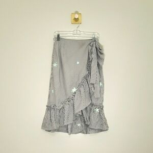 Dance & Marvel Midi Skirt Medium Black White Stripe Floral Ruffle Embroidered